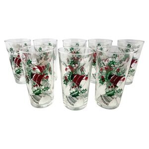 Hazel Atlas Christmas Tumblers (8) Holiday Glasses Vintage Holly & Bells 5" H